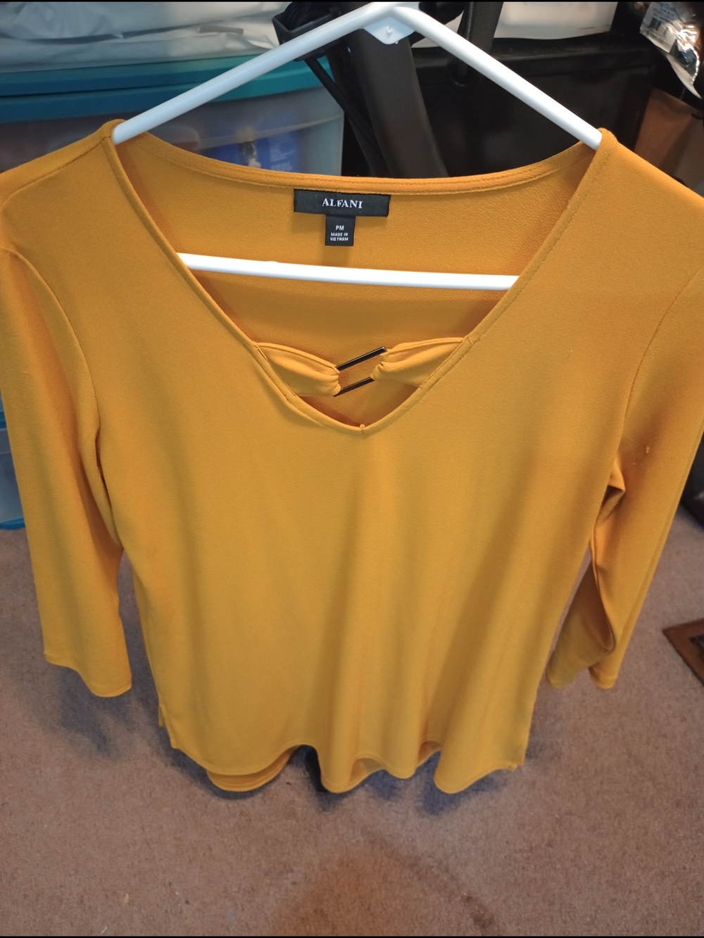 Alfani Women's Mustard Yellow V-Neck Quarter Sleeve Top.  Peek A Boo Front.